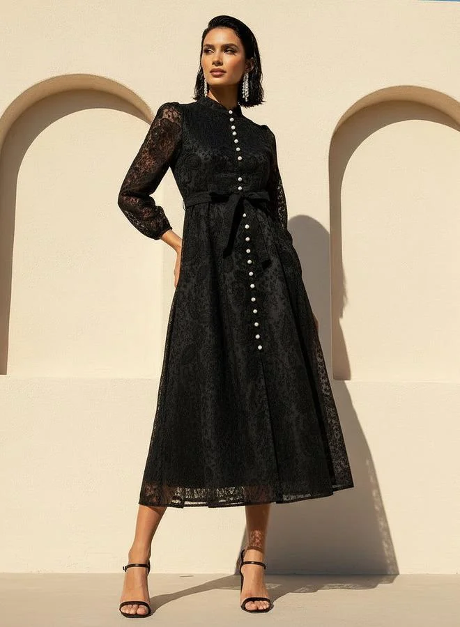 تواكستريمز 2Xtremz A-line Midi Dress with Paisley Embroidery and Tie-Up Belt